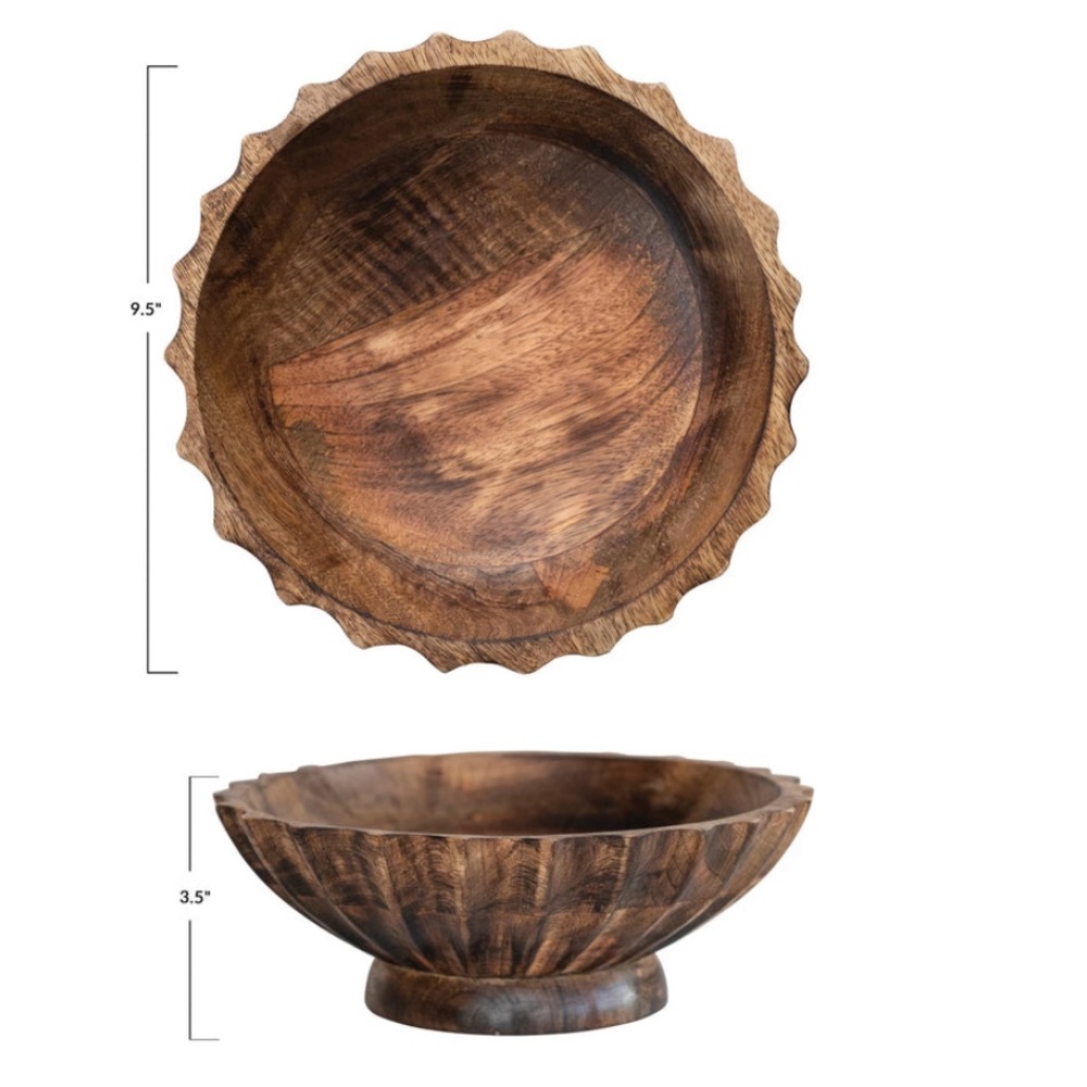 NWT Scalloped Edge Carved Wood Footed Bowl - Picture 4 of 4